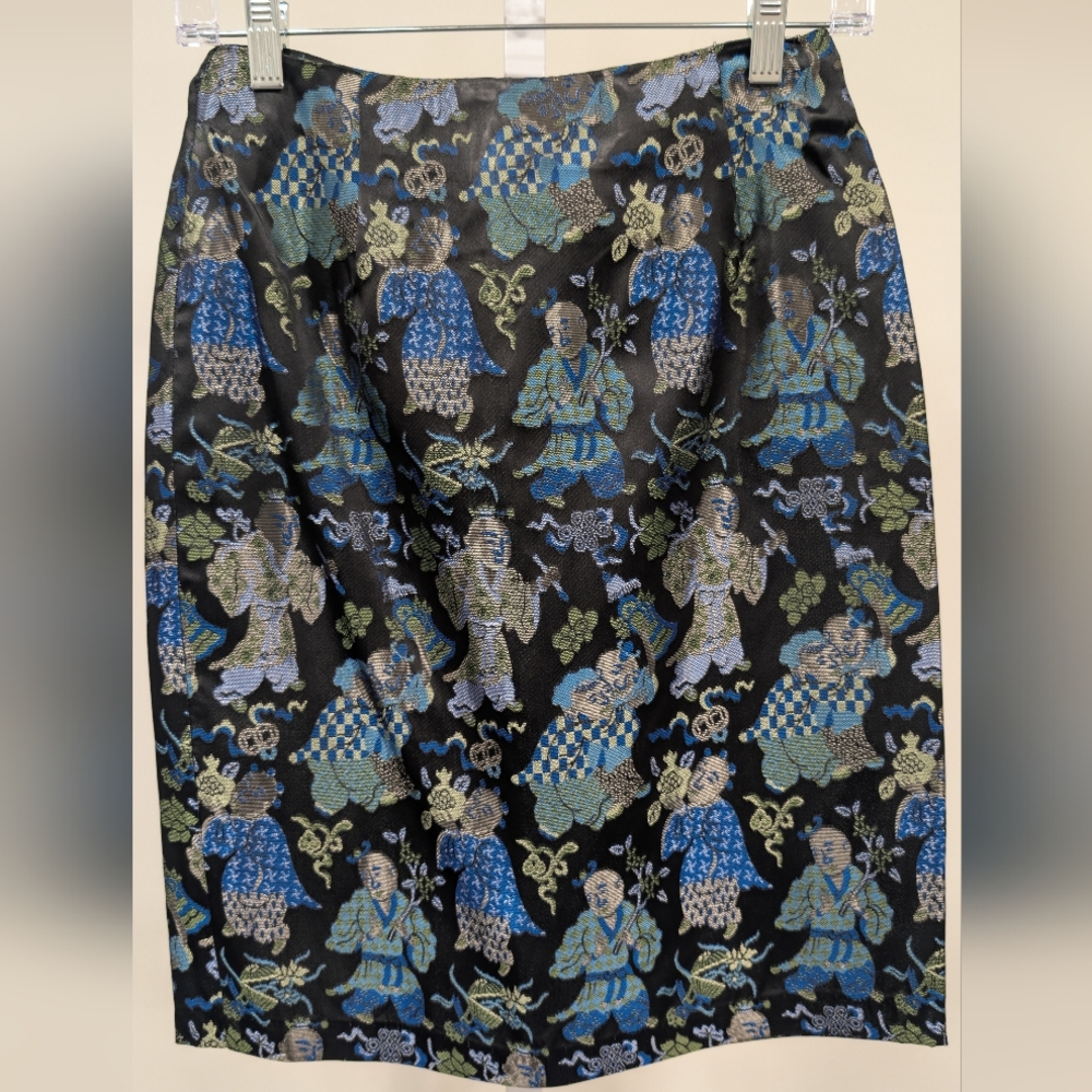 Necessary Objects Black Satin Skirt with Blue & Green Embroidery
